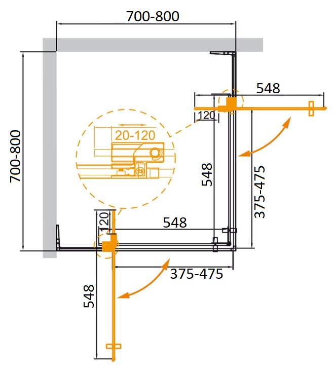 Душевой уголок CEZARES SLIDER-A-2-70/80-GRIGIO-NERO