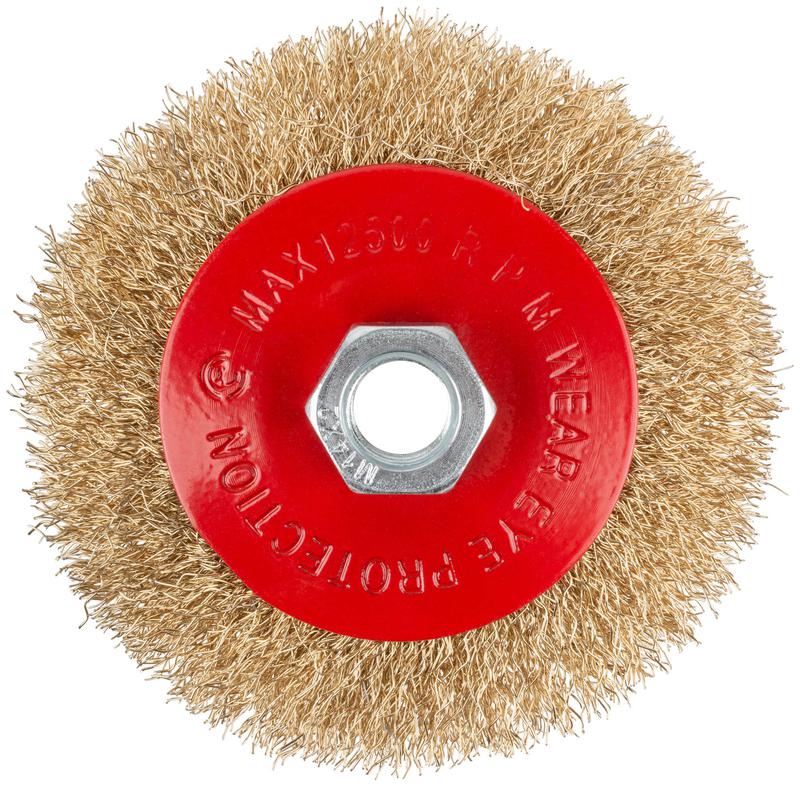 Корщетка-колесо с наклоном гайка М14 стальная латунированная волнистая проволока 100мм блистер КУРС 39083