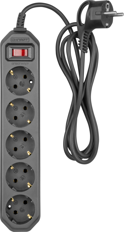 Удлинитель с сетевым фильтром 5х3м 10А IP20 2.2кВт ПВС 3х0.75 с выкл. с инд. сети черн. ОНЛАЙТ 90780