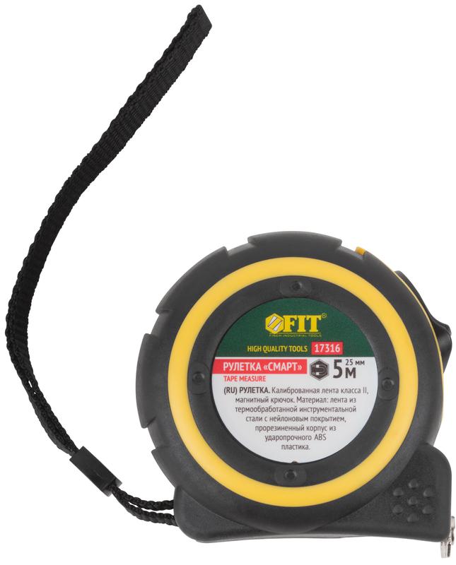Рулетка Смарт 5мх25мм калибр. лента; нейлон. покрытие; магн. крючок; прорезиненный корпус FIT 17316