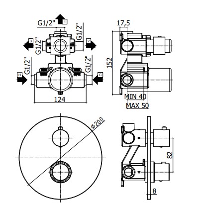 Смеситель термостат встраиваемый для душа 3 выход Paffoni LIGHT LIQ019HGSP встраиваемый Золото медовое брашированное