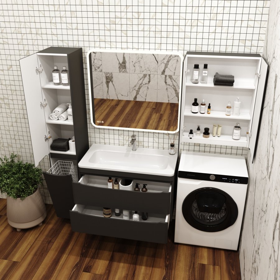 Тумба подвесная "Бергамо мини 90" (2 ящ.) Люкс антискрейтч черный, PLUS