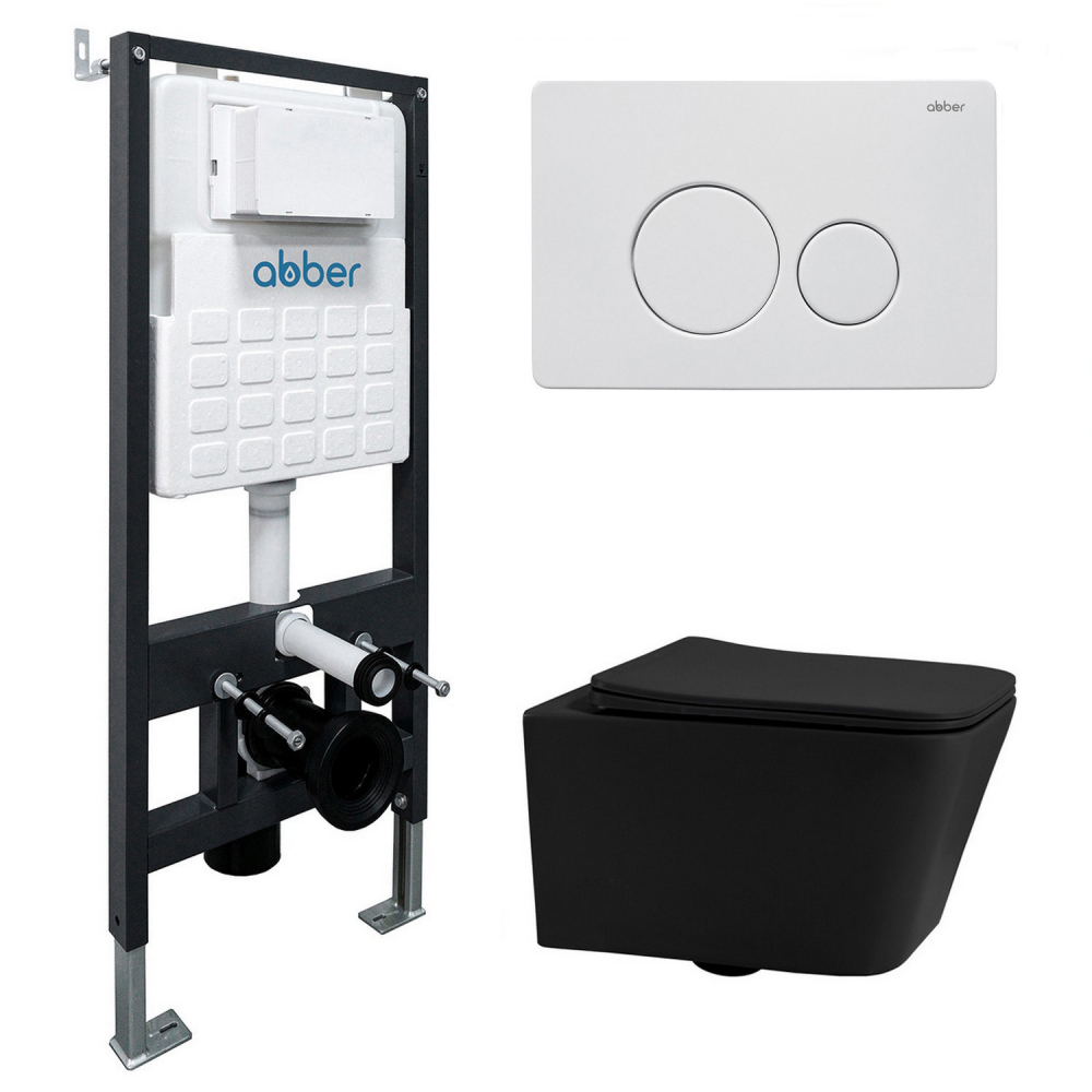 Комплект подвесной унитаз ABBER Rechteck AC1201MB черный матовый с инсталляцией AC0105 и кнопкой AC0121MW белая матовая