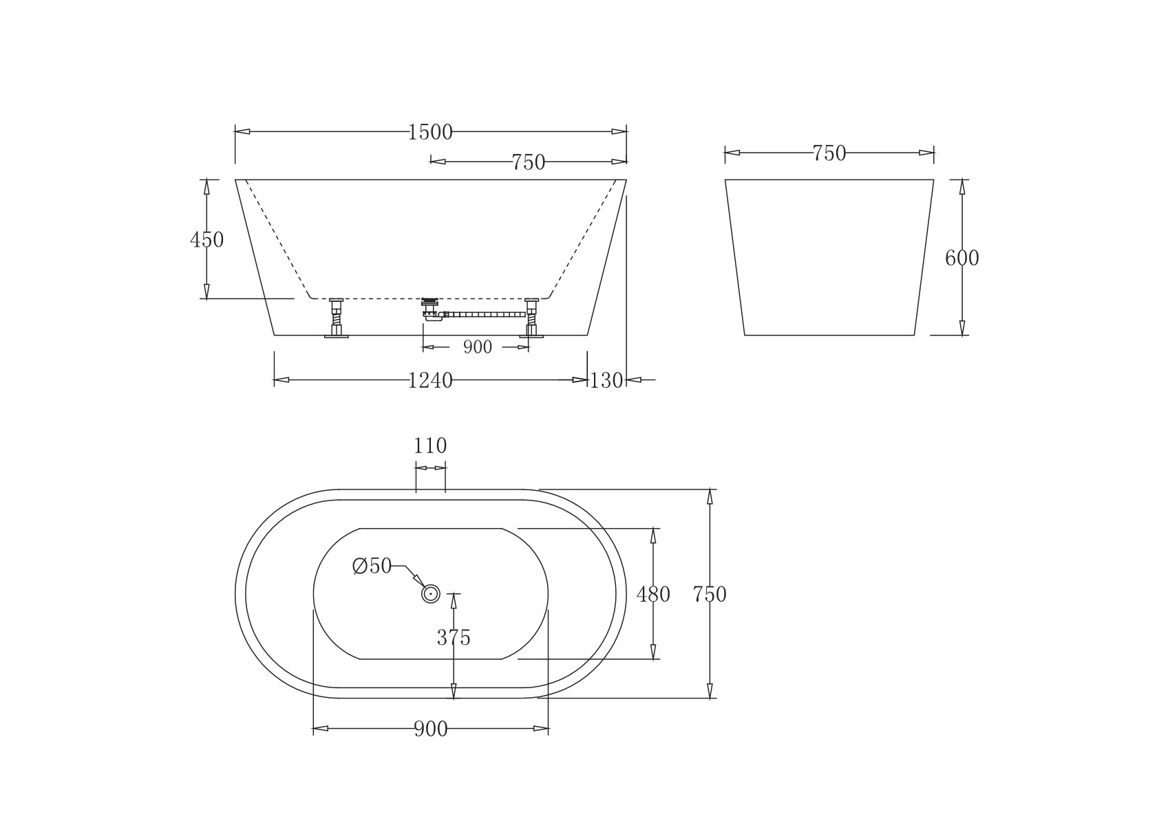 Акриловая ванна без перелива BELBAGNO BB71-1500-W0, 1500x750x600