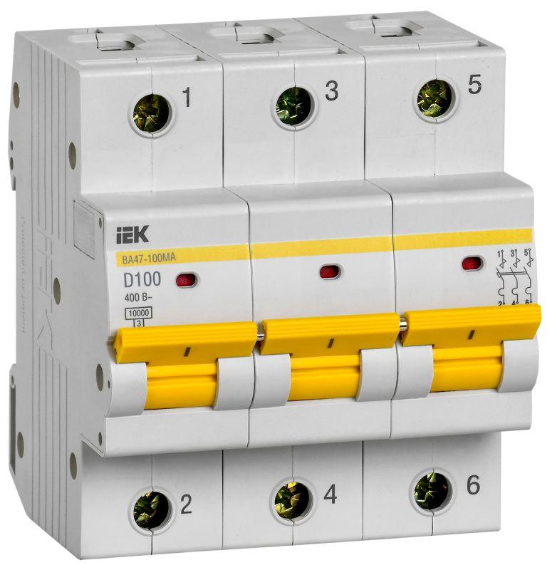 Выключатель автоматический модульный 3п 100А 10кА D ВА47-100МА без тепл. расцеп. IEK MVA43-3-100-D