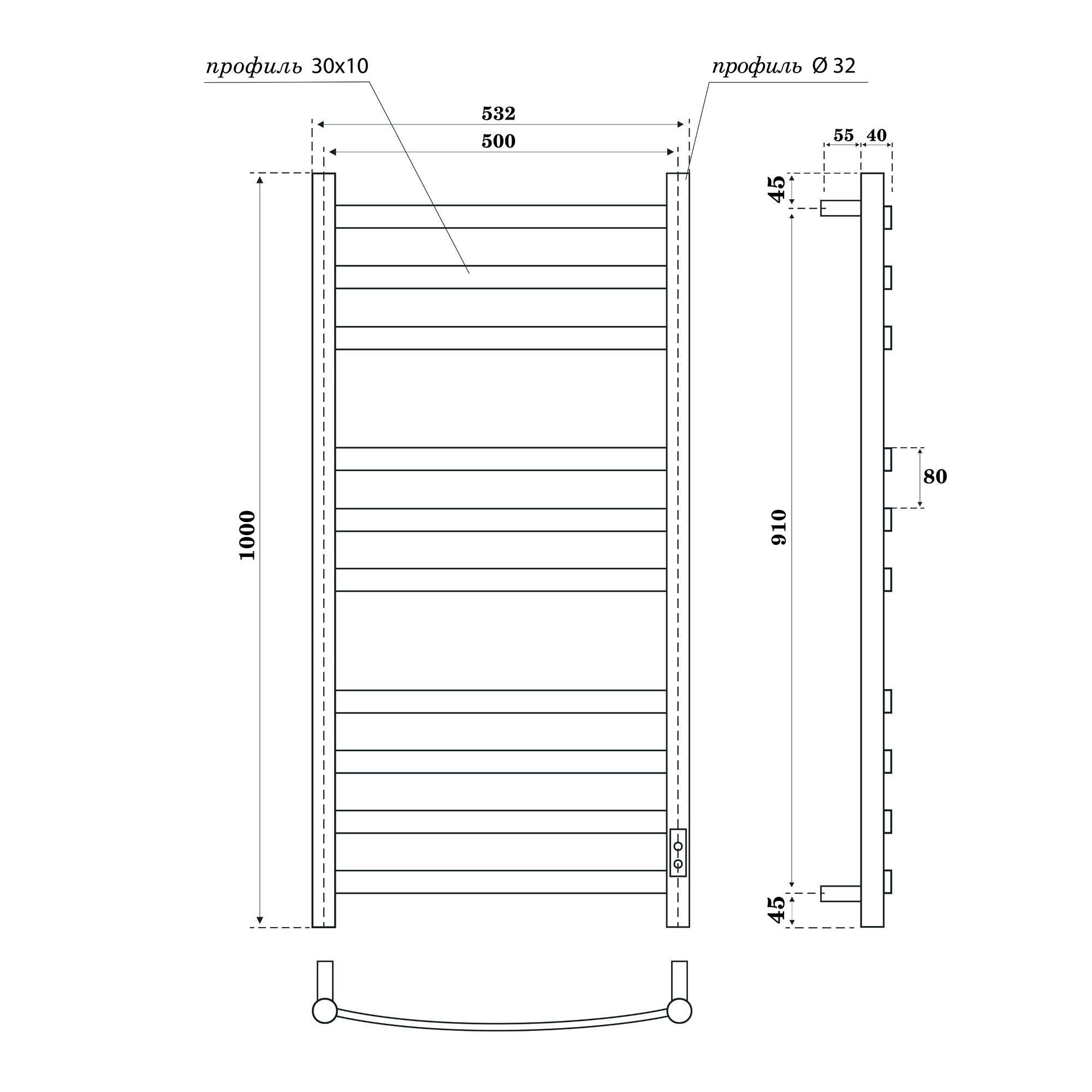 Полотенцесушитель электрический Point Антея PN17850B П10 500x1000, диммер справа, черный