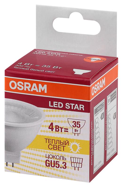 Лампа светодиодная LED STAR MR16 35110 4W/830 230V GU5.3 300лм 4Вт (замена 35Вт) 3000К тепл. бел. GU5.3 MR16 220-240В прозр. пласт. OSRAM 4058075481107