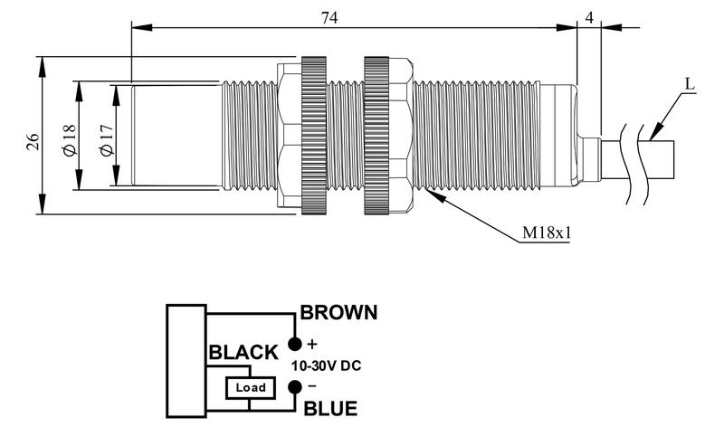 Датчик емкостный (PNP-НО) кабель 2мх3 (расс. сраб. 2-10мм) выступающий пластик 10-30В DC IP65 EMAS SCM18NP1PC2
