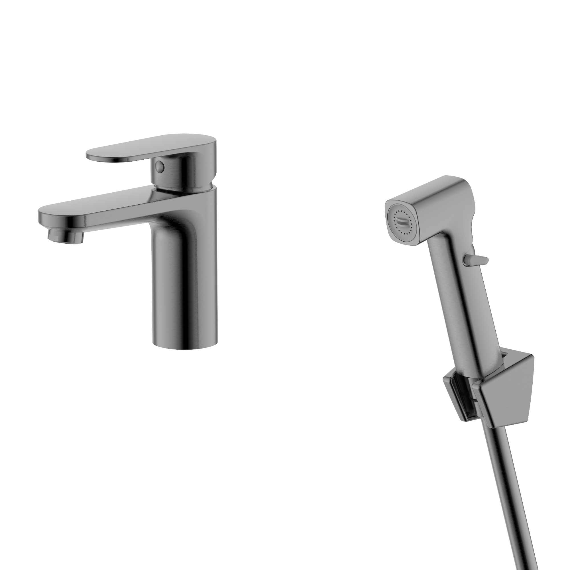 Cмеситель Aquatek НИКА  для раковины 90 без донного клапана с гигиеническим ручным душем   AQ1812BGM       оружейная сталь