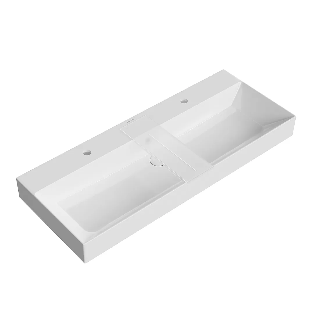 Раковина GRANDE мебельная\подвесная 120 c двумя отверстиями под смесители с крепежом, белая глянцевая