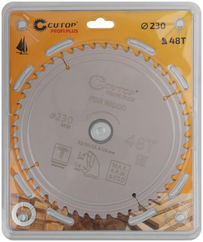 Диск пильный по дереву с тефлоновым покрытием 48Т Profi plus 230х16/24х32/30/25.4/20мм Cutop 75-23048Т