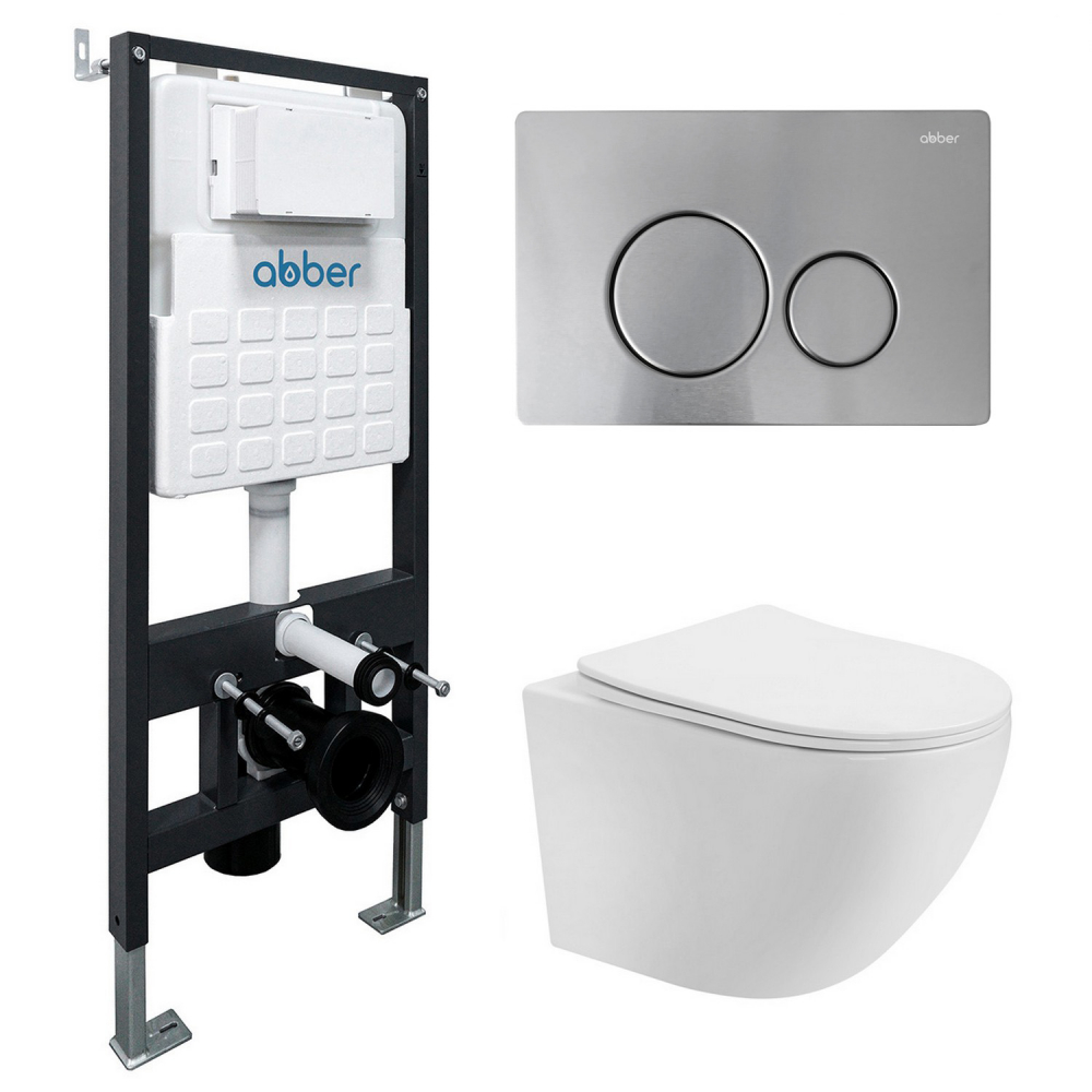 Комплект подвесной унитаз ABBER Bequem AC1100T белый с инсталляцией AC0105 и кнопкой AC0121MCH матовый хром