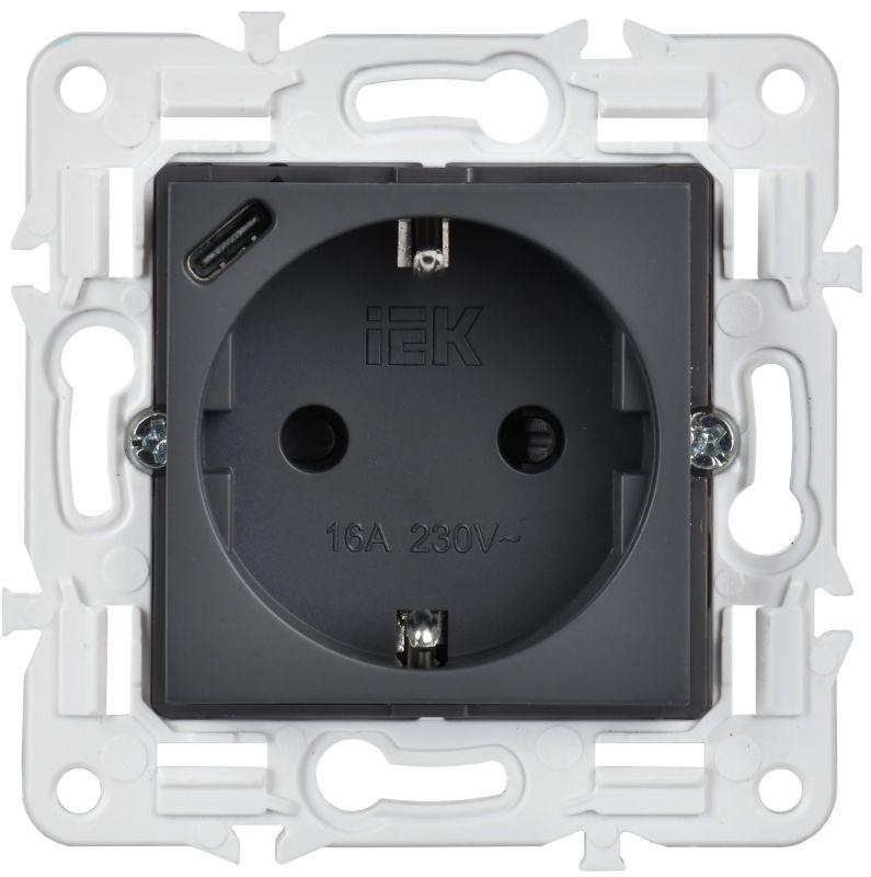 Розетка SKANDY 18Вт 16А с заземл. защ. шторки с USB C SK-R17T титан IEK SK-R14-16-U14-018-K48