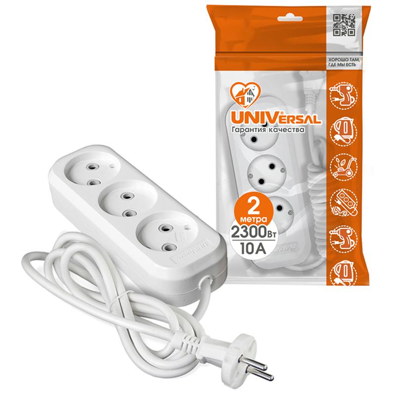 Удлинитель 3х2м без заземл. 10А IP20 Е-203 ПВС 2х0.75 АБС-пластик UNIVersal 9631963