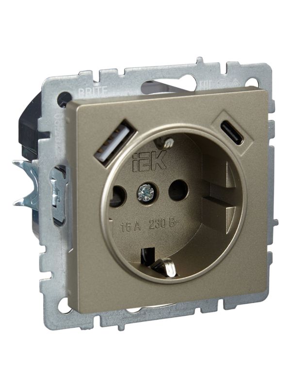 Розетка BRITE РЮш11-1-БрШ 16А с USB A+C 18Вт с заземл. защ. шторки механизм шампань IEK BR-R14-16-U22-018-K37