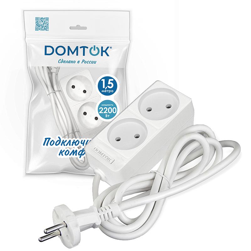 Удлинитель 2х1.5м без заземл. 10А IP20 2.2кВт ПВС 2х1 бел. DOMTOK 2344
