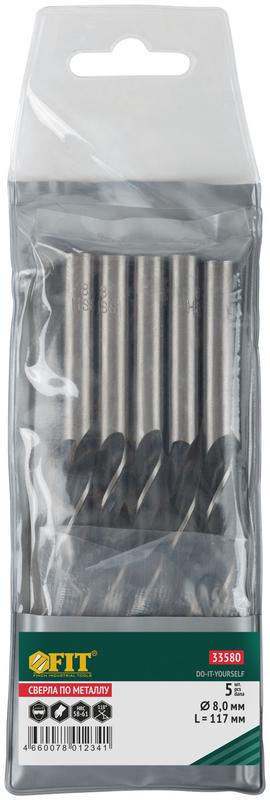 Сверло по металлу HSS черненые 8.0х117мм (уп.5шт) FIT 33580