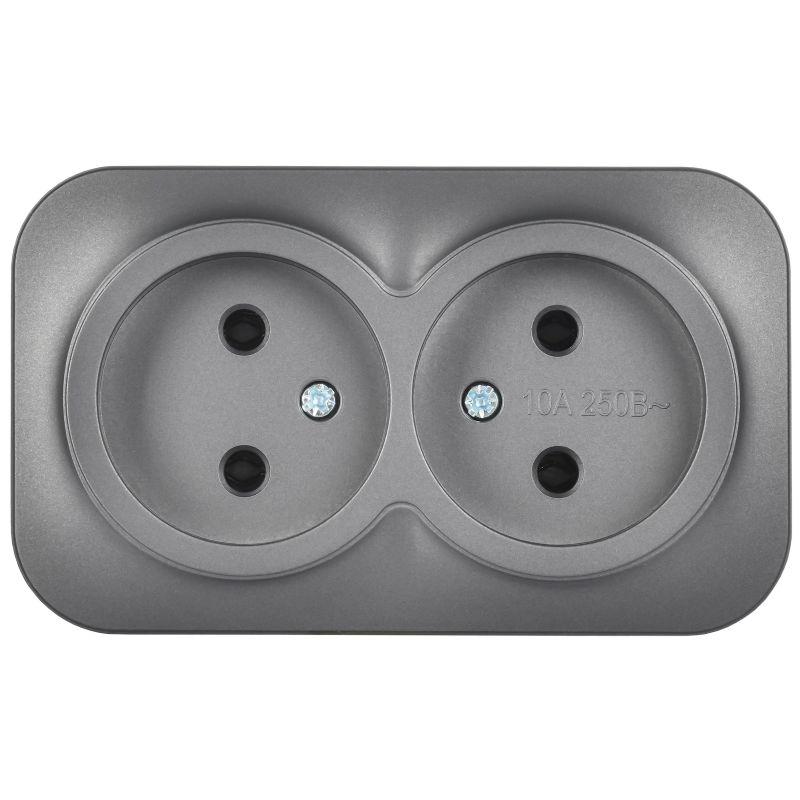 Розетка 2-м ОП GLORY РС22-2-ХСм 10А без заземл. без защ. шторок сталь матов. IEK ERH20-K46M-10