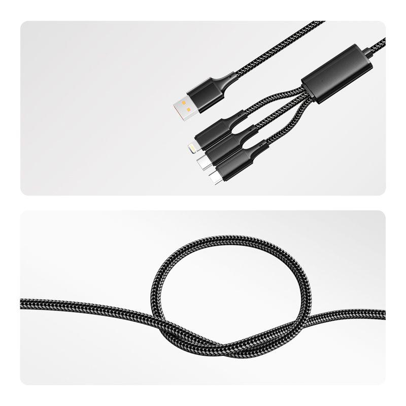 Кабель USB 3в1 Type-С (6А) Lightning (2.4А) micro USB (3А) 1.2м черн. оплетка световая индикация Rexant 18-7075