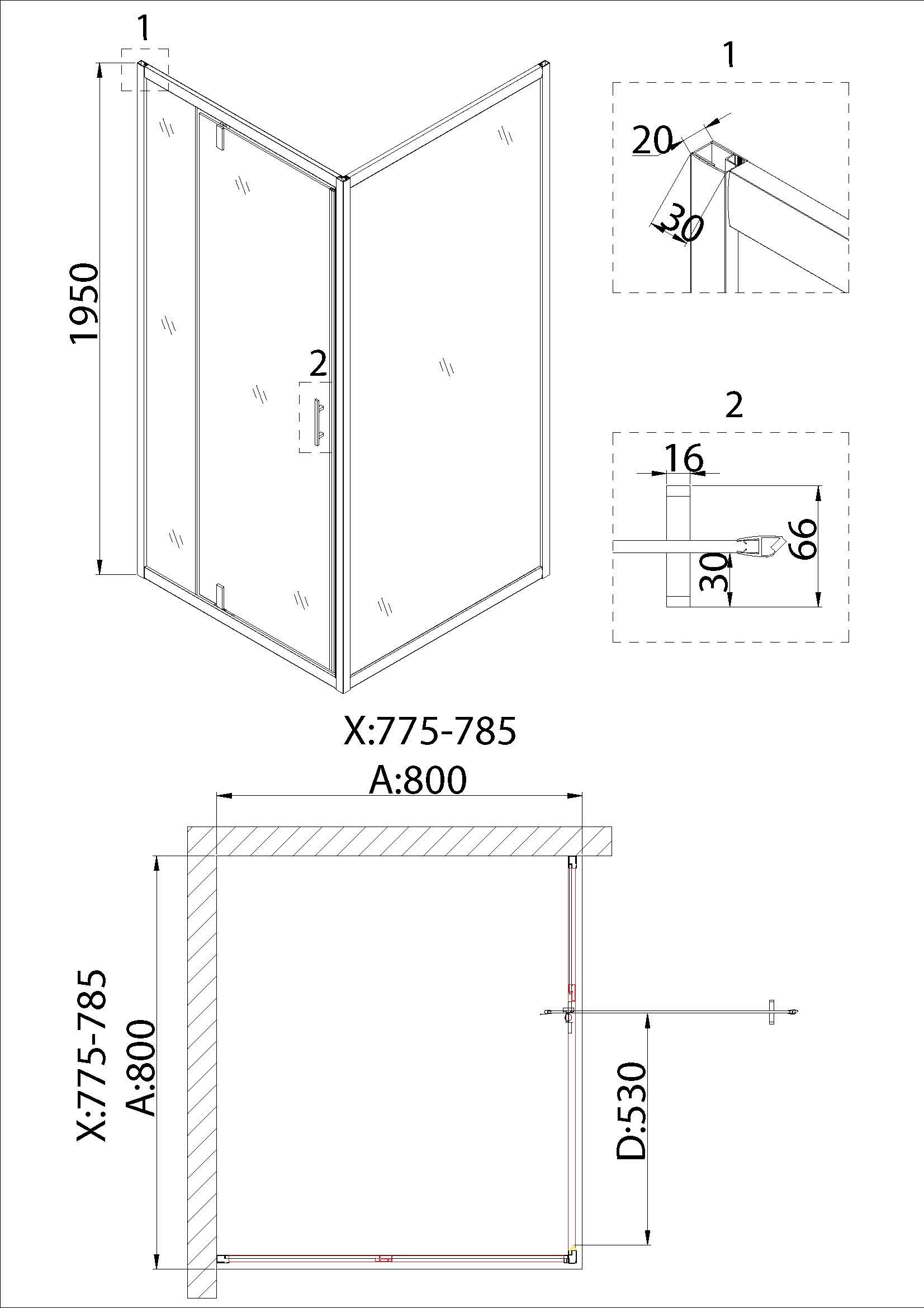 Душевое ограждение NG-83-8AB-A80B (80*80*195) квадрат, дверь распашная