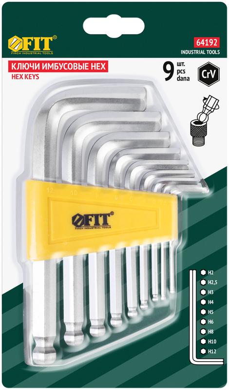 Ключ шестигранный 2-12мм с шаровым наконечником в пластик. держателе CrV сталь (уп.9шт) FIT 64192