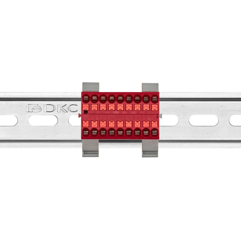 Блок распределительный с горизонт. адаптером на рейку шир. 35мм зажим push-in 18 точек подключения 2.5кв.мм красн. DKC DTP1-018-04SPUR-H