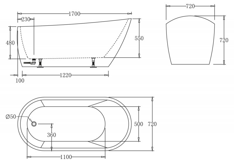 Акриловая ванна без перелива BELBAGNO BB62-1700-W0, 1700х720х720