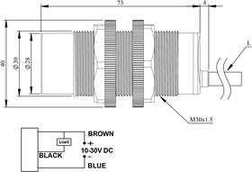 Датчик емкостный (NPN-НО) кабель 2мх3 (расс. сраб. 3-15мм) выступающий пластик 10-30В DC IP65 EMAS SCM30NP1NC2