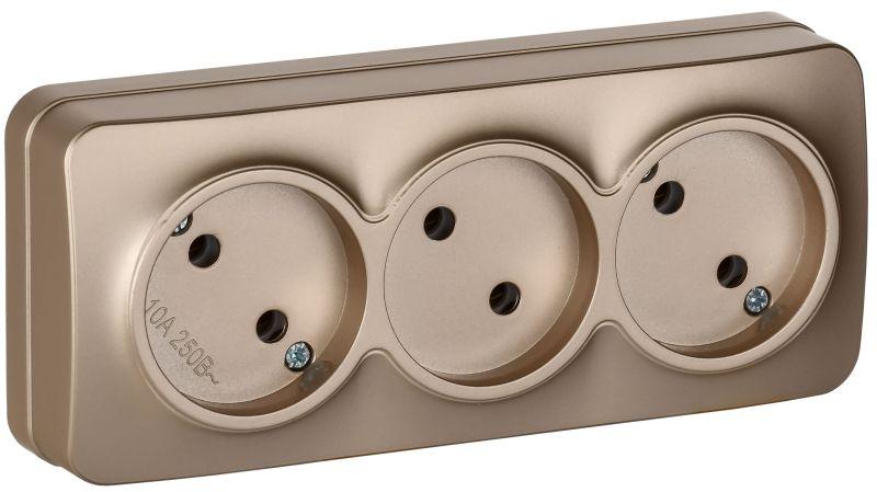 Розетка 3-м ОП GLORY РС23-2-ХШм 10А без заземл. без защ. шторок шампань матов. IEK ERH30-K37M-10