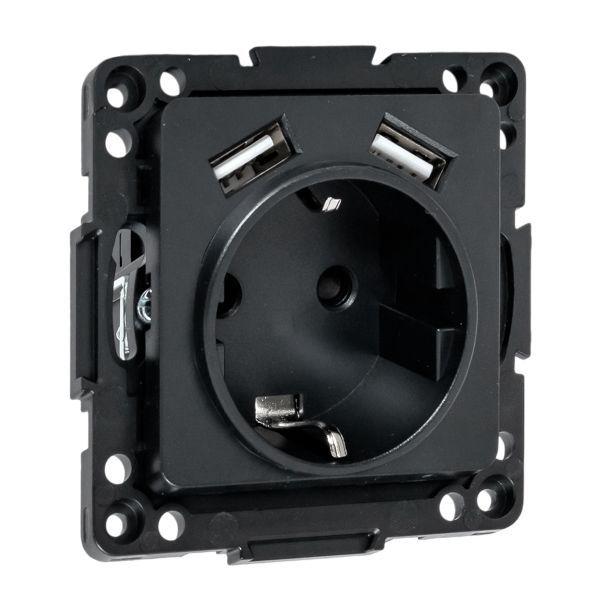 Розетка 1-м СП Стокгольм 16А USB 2A с заземл. защ. шторки винтов. клеммы механизм черн. EKF EZR16-2USB-typeA