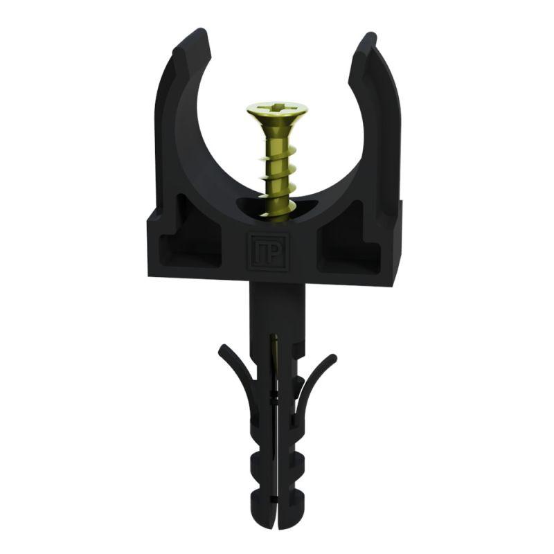 Держатель для труб (клипса) d32мм с дюбелем и саморезом черн. (уп.25шт) Промрукав PR13.0222