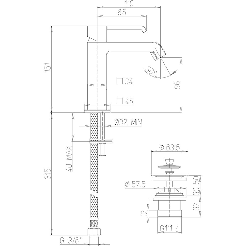 Смеситель Paini Q 19CR211ESR для раковины с донным клапаном