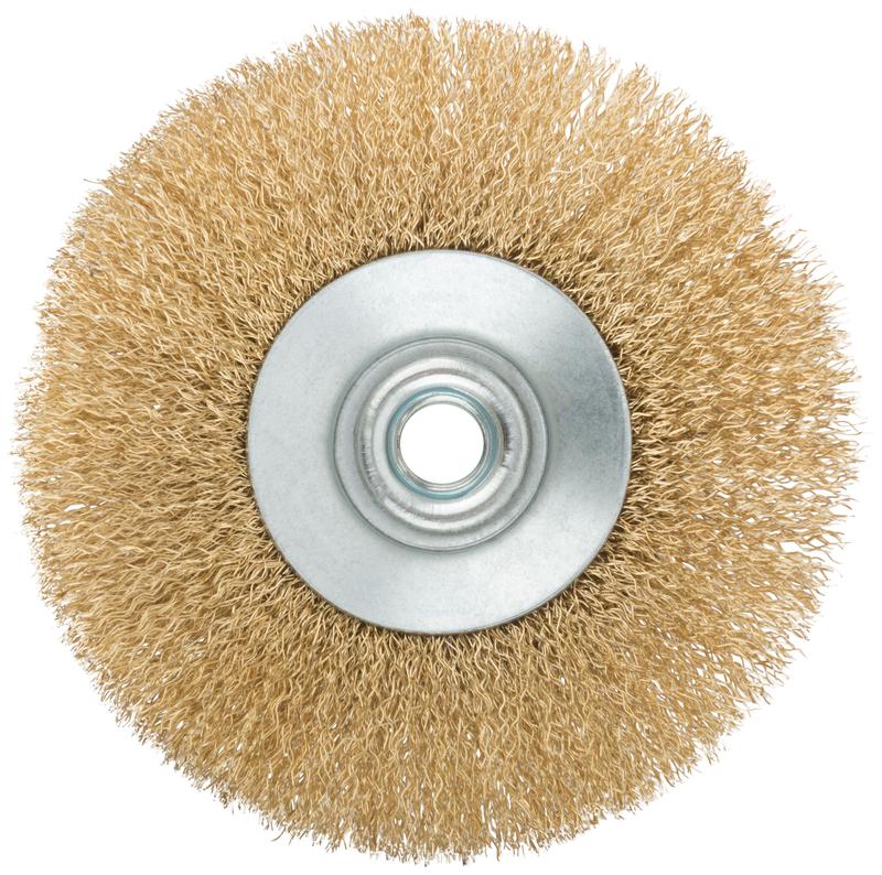 Корщетка тип "колесо" с наклоном гайка М14 стальная волнистая латунированная проволока 125мм MOS 38928М
