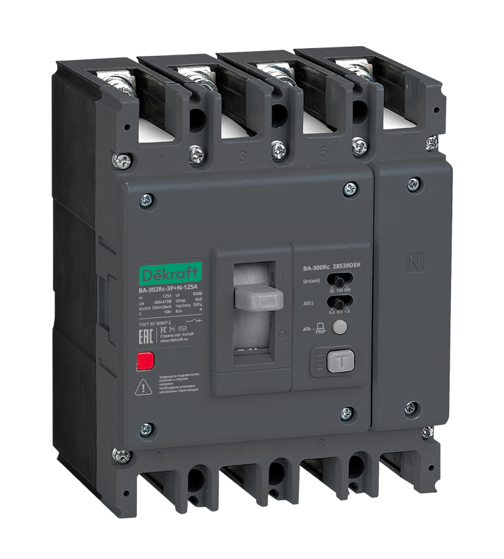 Выключатель автоматический силовой 3п+N 63А 50кА ВА-302Rc Sel 50/100/300мА 0.4/0.5/1с DEKraft 28536DEK