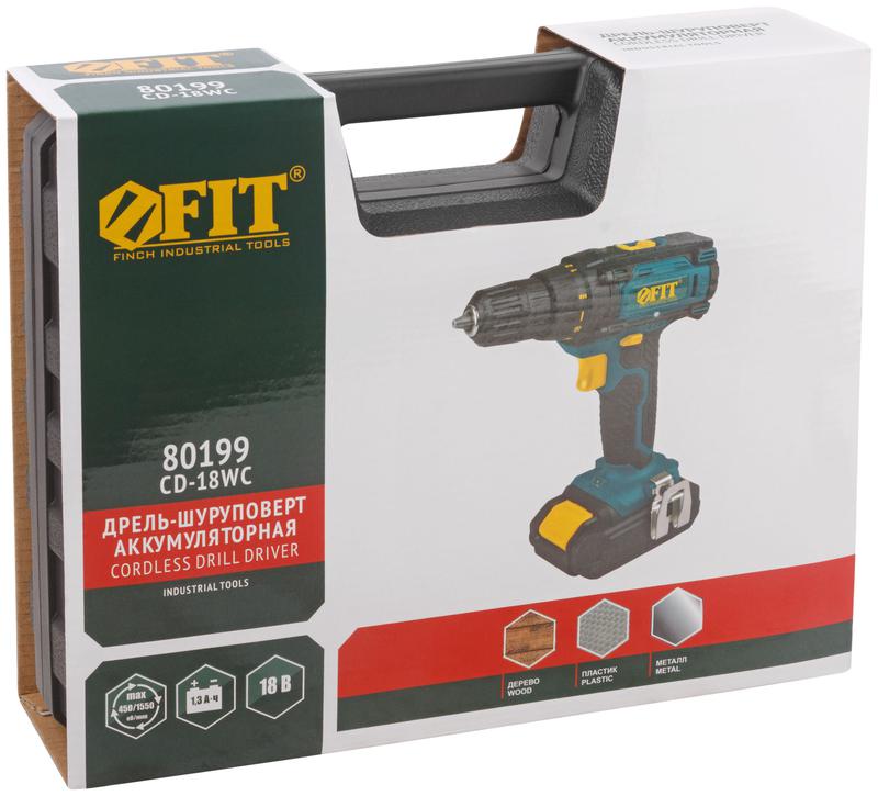 Дрель-шуруповерт аккумуляторная 18В 0-450/1550об/мин 29Нм 2 (Li-Ion) 1.3А.ч FIT 80199