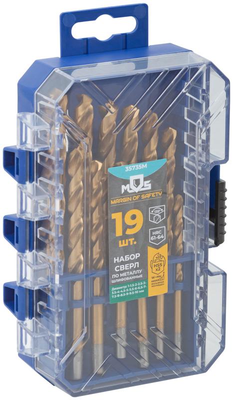 Набор сверл по металлу HSS шлифованные титановое покрытие угол заточки 135град. пласт. кейс 19шт (1-10мм через 0.5мм) MOS 35735М