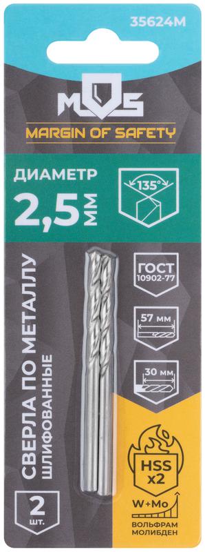 Сверло по металлу HSS шлифованные в блистере угол заточки 135град. 2.5х57мм (уп.2шт) MOS 35624М