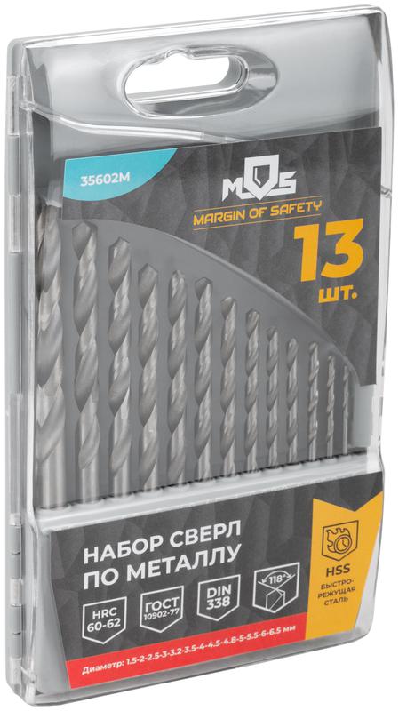 Набор сверл по металлу HSS угол заточки 118град. пласт. кейс 13шт (1.5-2.0-2.5-3-3.2-3.5-4-4.5-4.8-5-5.5-6-6.5мм) MOS 35602М