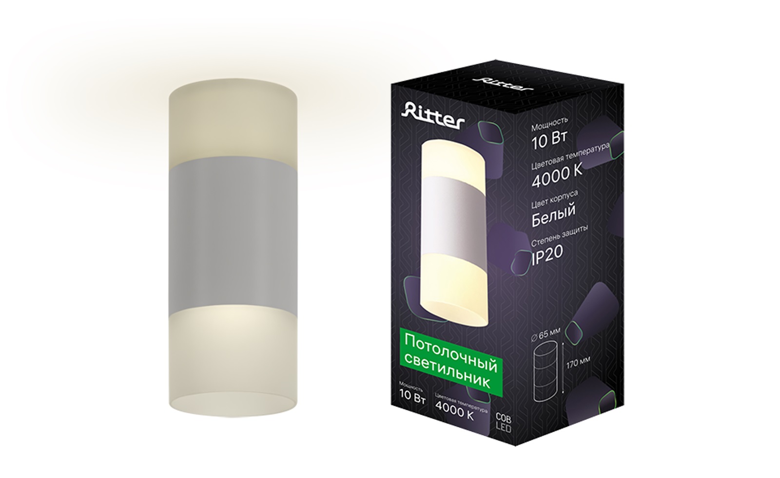 Светильник накладной светодиодный, KASSEL, цилиндр, диаметр 65х170мм, LED 10Вт, 750Лм, 4000К, алюминий, белый, 52063 4, Ritter