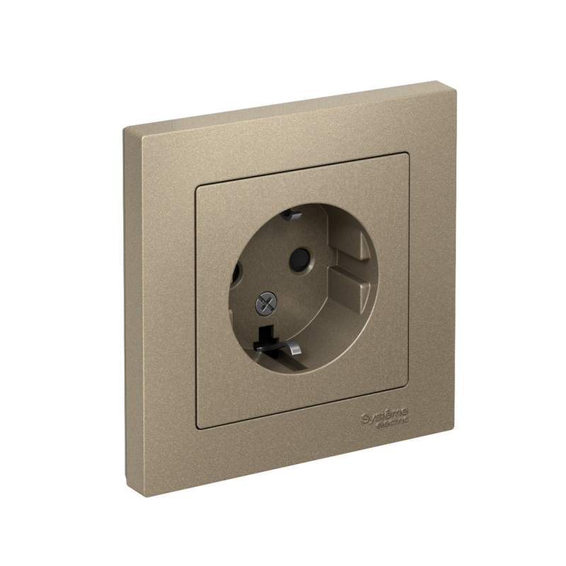 Розетка 1-м СП AtlasDesign 16А IP20 с заземл. защ. шторки в сборе шампань SE ATN000544