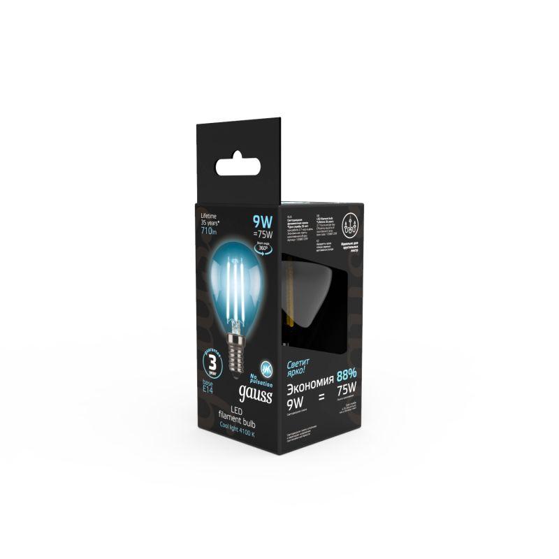 Лампа светодиодная филаментная Black Filament 9Вт P45 шар 4100К нейтр. бел. E14 710лм GAUSS 105801209