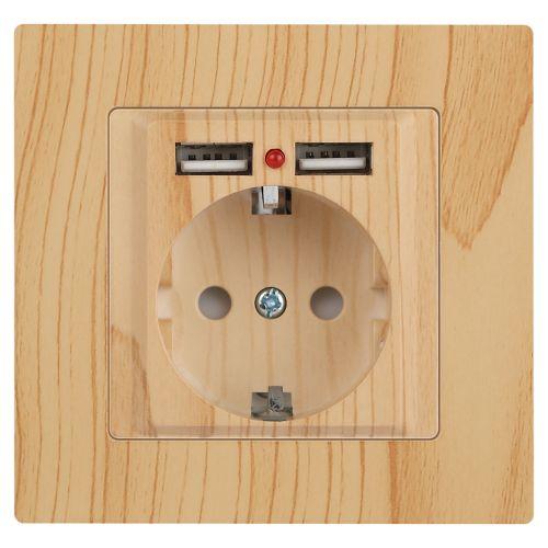 Розетка 1-м СП Accent 6-410-11 16А IP20 250В P+E Schuko + 2хUSB защ. шторки сосна Intro Б0063720