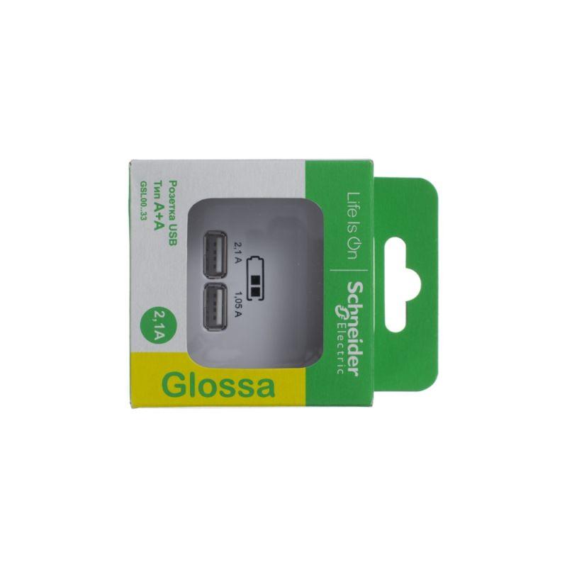 Розетка USB 2-м СП Glossa тип A+A 5В/2.1А 2х5В/1.05А механизм бел. SE GSL000133