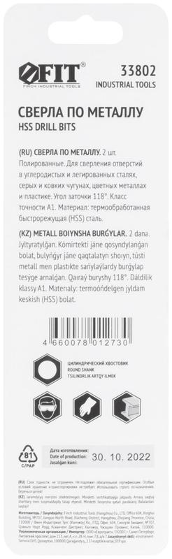 Сверло по металлу HSS полированные в блистере 1.5мм (уп.2шт) FIT 33802