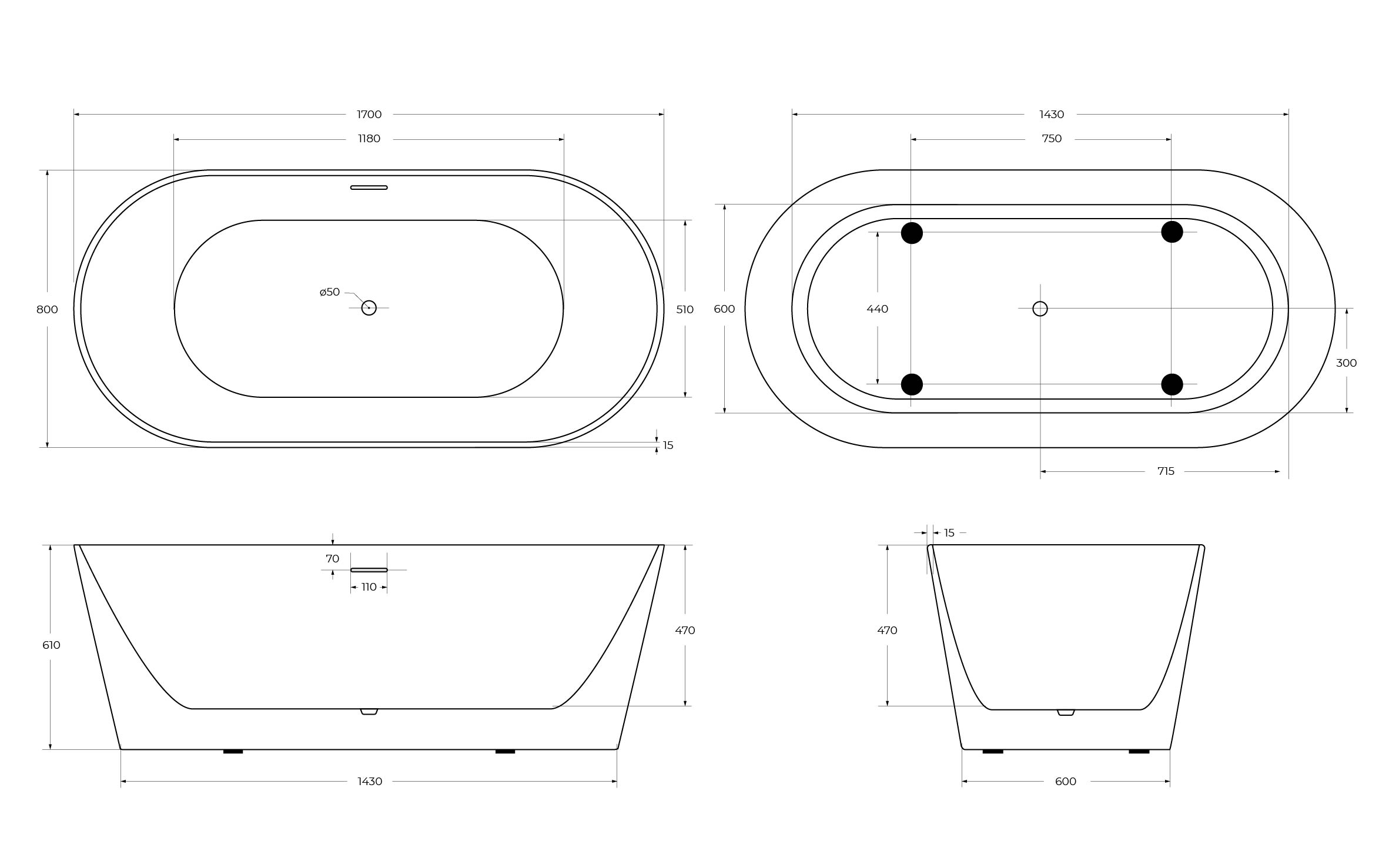 Акриловая ванна BELBAGNO BB416-1700-800