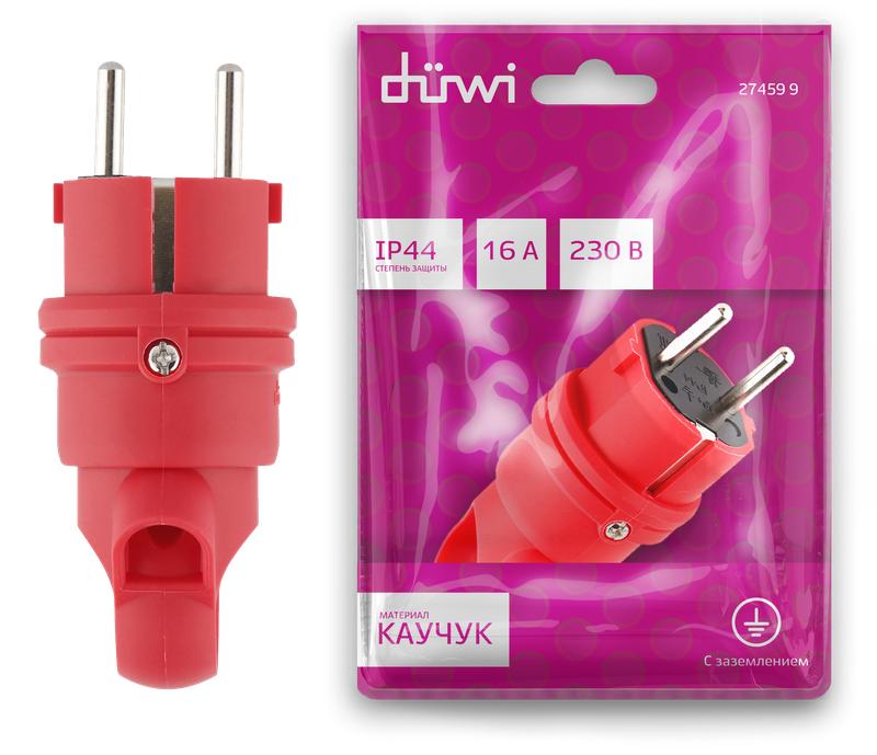 Вилка каучуковая прямая с/з 90град. с кольцом 16А 230В IP44 красн. Duwi 27459 9