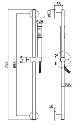 Душ.стойка из латуни LIFE 755мм, фиксаторы неподвиж. из металла, поворот.подвиж.крепл.для душа из металла , душ из металла , шланг из PVC 1500мм, хром
