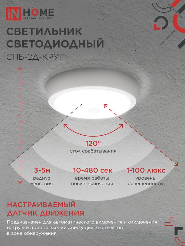 Светильник светодиодный СПБ-2Д-КРУГ 14Вт 4000К 1100лм 230В 210мм с датчиком бел. IN HOME 4690612020693