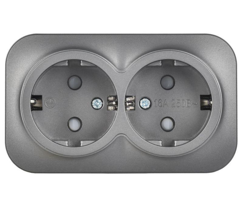 Розетка 2-м ОП GLORY РСш22-3-ХСм 16А с заземл. защ. шторки сталь матов. IEK ERH24-K46M-16