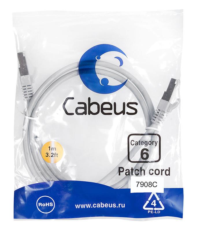 Патч-корд F/UTP кат.6 PC-FTP-RJ45-Cat.6-1m-LSZH 2xRJ45/8p8c экранир. LSZH 1м сер. Cabeus 7908c